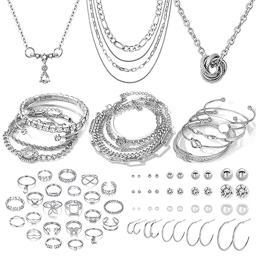 IFKM Silver Jewelry Set For Women With Chokers Pendant Necklaces, Layered Link Bracelets Bangle, Stackable Knuckle Rings, Stud And Hoop Earrings Dainty Elegant Cute Valentine Anniversary Birthday Friendship Gift - Image 1