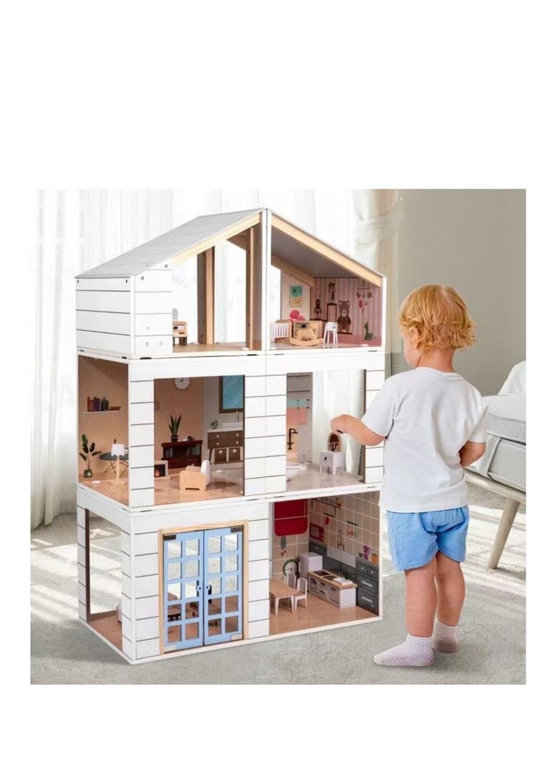 Factory Price Wooden Dollhouse – Large 3-Story Wooden Playset for Boys, Girls & Toddlers – 89 x 50 x 50 cm – Pretend Play Gift Set - Image 1