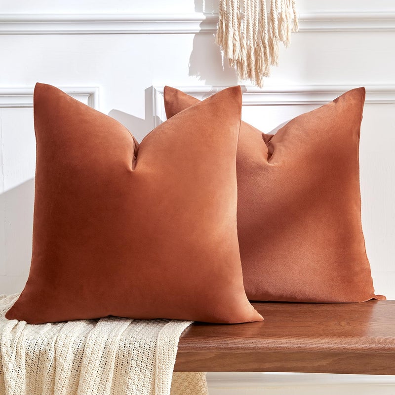 GriNeed Throw Pillow Covers Rust Set of 2 18x18 Inch Pillow Covers, Soft Velvet Fall Decorative Cases for Couch Sofa Bed, Home Boho Decor, Modern Farmhouse Cushion Covers - Image 2