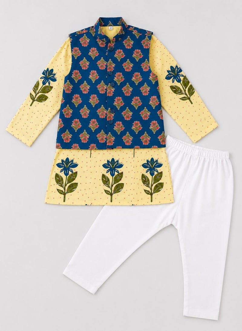 babyqlo Boys Cream Floral Kurta, Blue Printed Koti and Pajama Set - Image 5