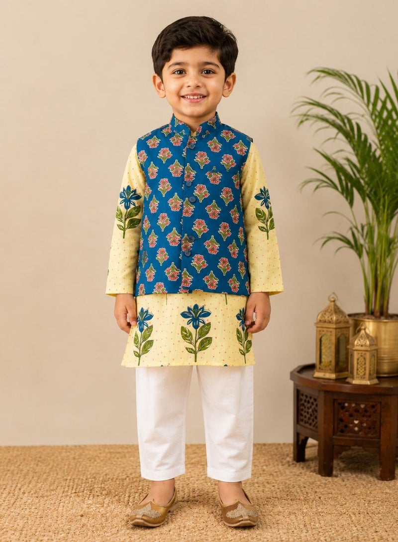 babyqlo Boys Cream Floral Kurta, Blue Printed Koti and Pajama Set - Image 2