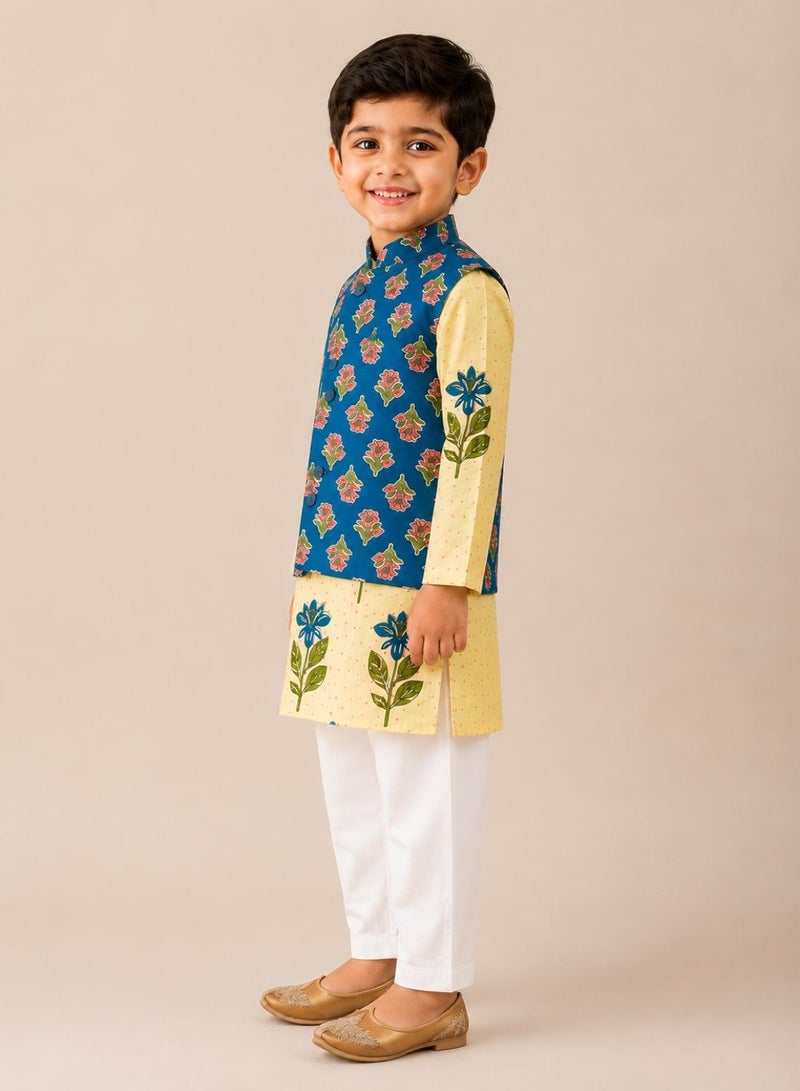 babyqlo Boys Cream Floral Kurta, Blue Printed Koti and Pajama Set - Image 4