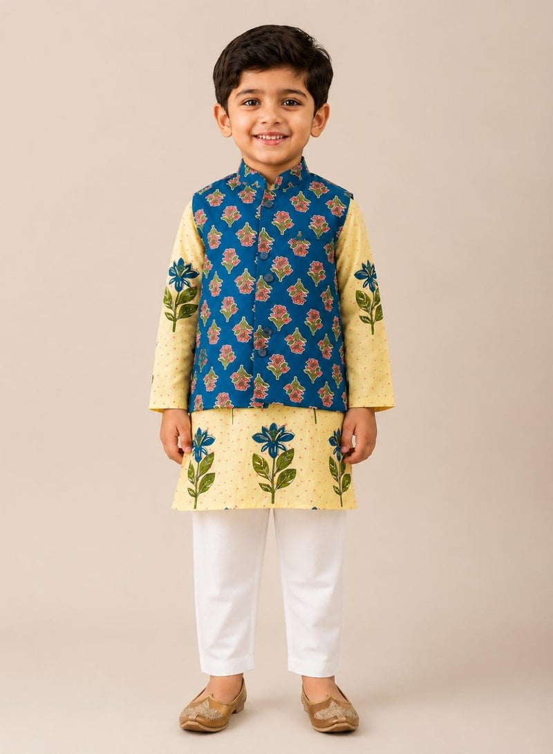 babyqlo Boys Cream Floral Kurta, Blue Printed Koti and Pajama Set - Image 1