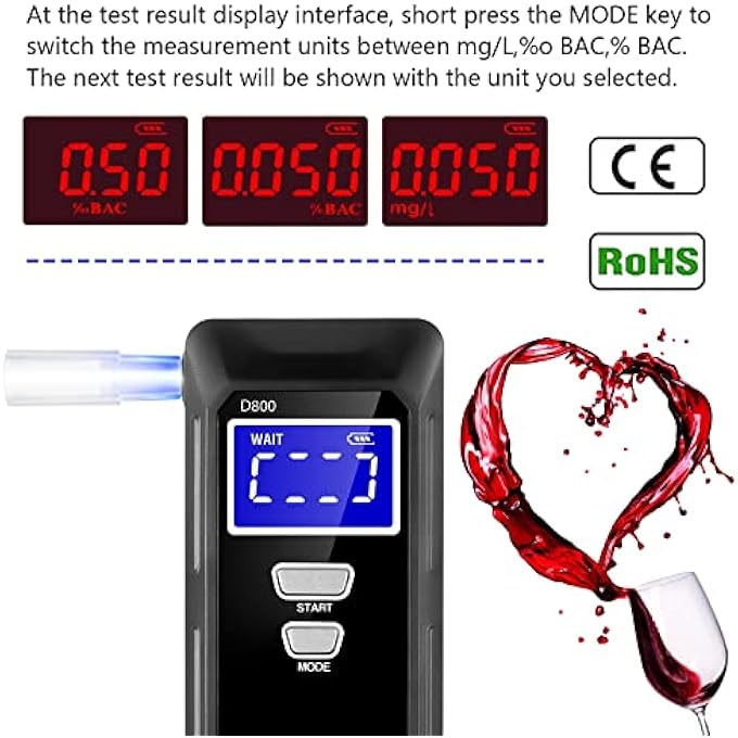 rayihni Breathalyzers Breath r Portable Alcohol BAC Professional Personal Alcohols Fast Accurate Results of Blood Content r Digital LCD r 10 Nozzles Display Breathalysers - Image 3
