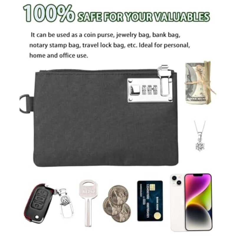 Travel and home storage security bag: durable black nylon lockable money bag with zipper and lock for coins, cash, jewelry, passports, credit cards, and medicines - Image 5
