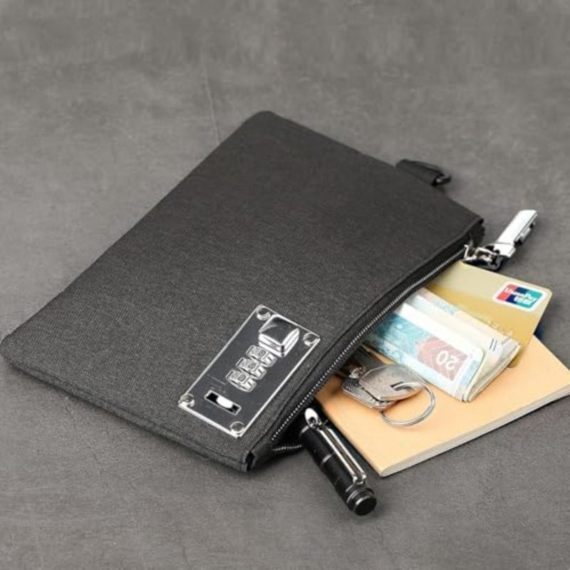 Travel and home storage security bag: durable black nylon lockable money bag with zipper and lock for coins, cash, jewelry, passports, credit cards, and medicines - Image 2