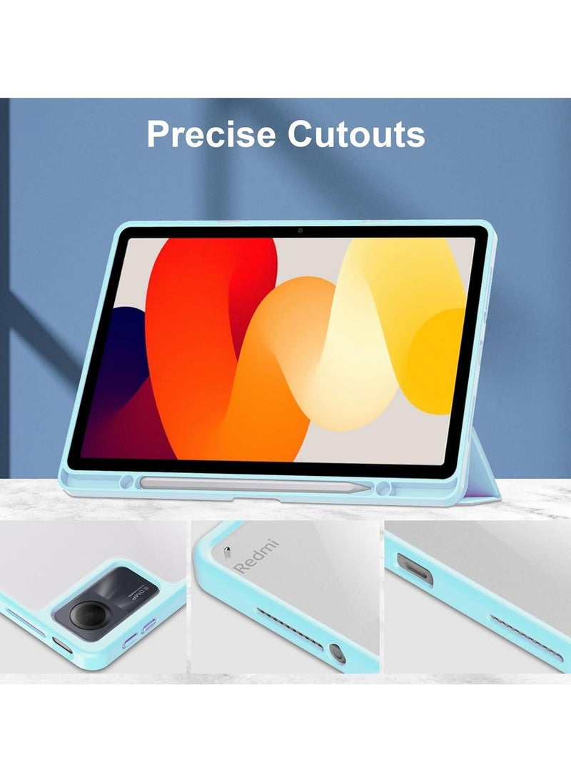 حافظة لجهاز Xiaomi Redmi Pad SE مقاس 11.0 بوصة تم إصدارها 2023، غطاء ذكي رفيع قابل للطي للنوم/الاستيقاظ التلقائي، مع فتحة قلم رصاص، غطاء خلفي شفاف (أزرق سماوي)