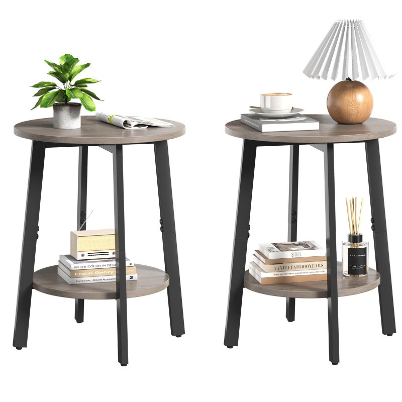 sthmec Side Table Set of 2, Small Round End Table with Storage Shelf for Small Space, 2-Tier Bedside Table Sofa Couch Table, Nighstands Set of 2 Accent Table for Living Room, Bedroom, Grey - Image 1