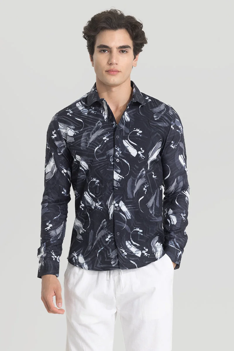 سنيتش Charcoal Grey Abstract Long Sleeve Slim Fit Casual Shirt