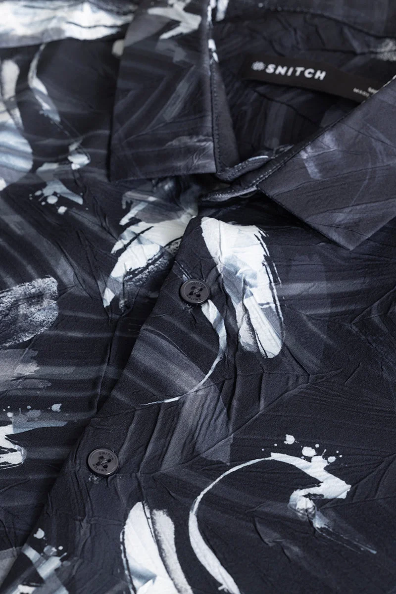 سنيتش Charcoal Grey Abstract Long Sleeve Slim Fit Casual Shirt
