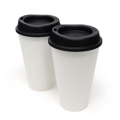 Rolling Sands USA Made 16 oz Reusable Coffee Cups with Lids 2 Pk, To Go Travel Cups, Hot or Cold Drinks, Dishwasher and Microwave Safe, White Cups, Black Lids - Image 1
