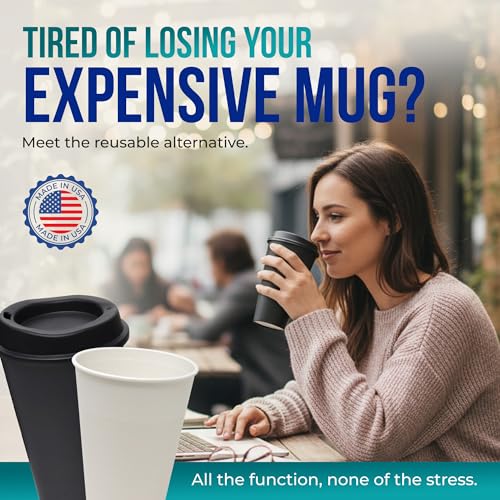 Rolling Sands USA Made 16 oz Reusable Coffee Cups with Lids 2 Pk, To Go Travel Cups, Hot or Cold Drinks, Dishwasher and Microwave Safe, White Cups, Black Lids - Image 2