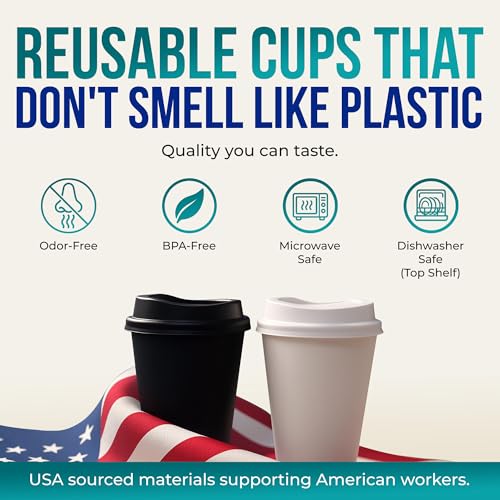 Rolling Sands USA Made 16 oz Reusable Coffee Cups with Lids 2 Pk, To Go Travel Cups, Hot or Cold Drinks, Dishwasher and Microwave Safe, White Cups, Black Lids - Image 3