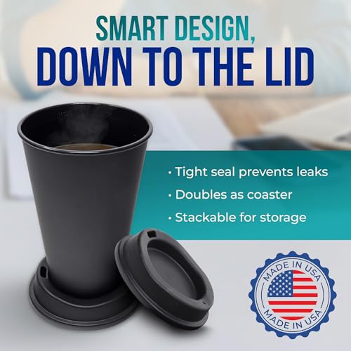 Rolling Sands USA Made 16 oz Reusable Coffee Cups with Lids 2 Pk, To Go Travel Cups, Hot or Cold Drinks, Dishwasher and Microwave Safe, White Cups, Black Lids - Image 5