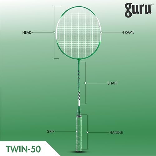 GURU Twin-50 Green Heavy Duty Steel Badminton Rackets Set of 2 with Cover - Image 2