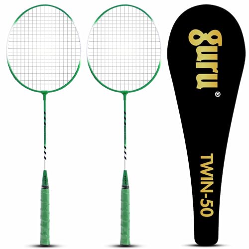 GURU Twin-50 Green Heavy Duty Steel Badminton Rackets Set of 2 with Cover - Image 1