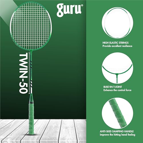 GURU Twin-50 Green Heavy Duty Steel Badminton Rackets Set of 2 with Cover - Image 5