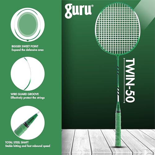 GURU Twin-50 Green Heavy Duty Steel Badminton Rackets Set of 2 with Cover - Image 4