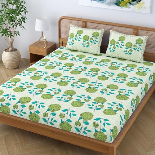 Colorish Cotton Blend Jaipur Printed Super King Size Double Bedsheet with 2 Pillow Covers, Traditional Floral Design, Floral Green - Image 3