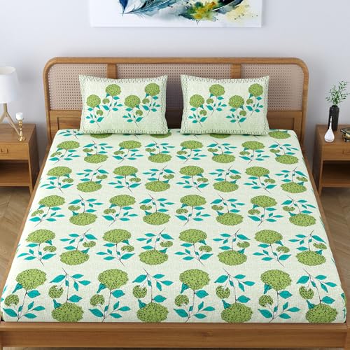 Colorish Cotton Blend Jaipur Printed Super King Size Double Bedsheet with 2 Pillow Covers, Traditional Floral Design, Floral Green - Image 2