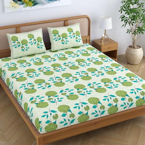 Colorish Cotton Blend Jaipur Printed Super King Size Double Bedsheet with 2 Pillow Covers, Traditional Floral Design, Floral Green - Image 1