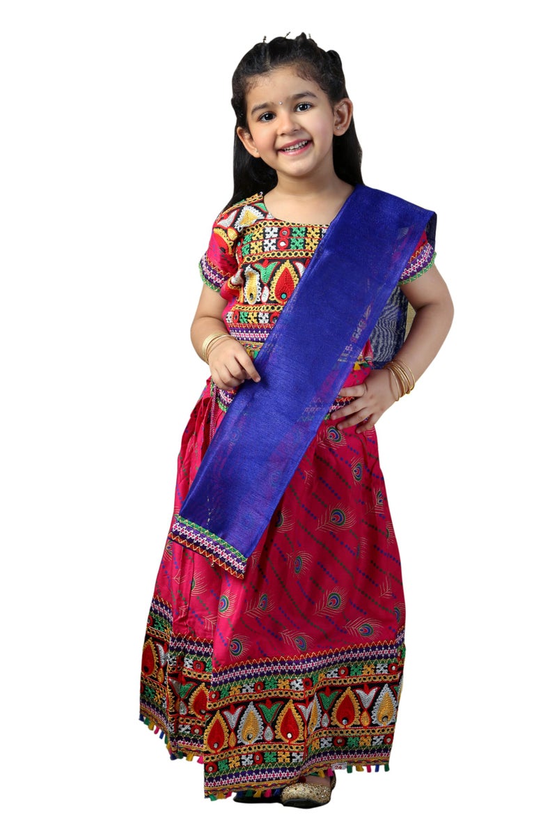 Ahhaaaa Kids Embroidered Traditional Ghoomar Lehenga Choli |Chania Choli||Navratri/Dandiya/Garba Dress With Dupatta For Girls (4-5 Years, Pink) | Material: Cotton Blend | Finish Type: Readymade - Image 1