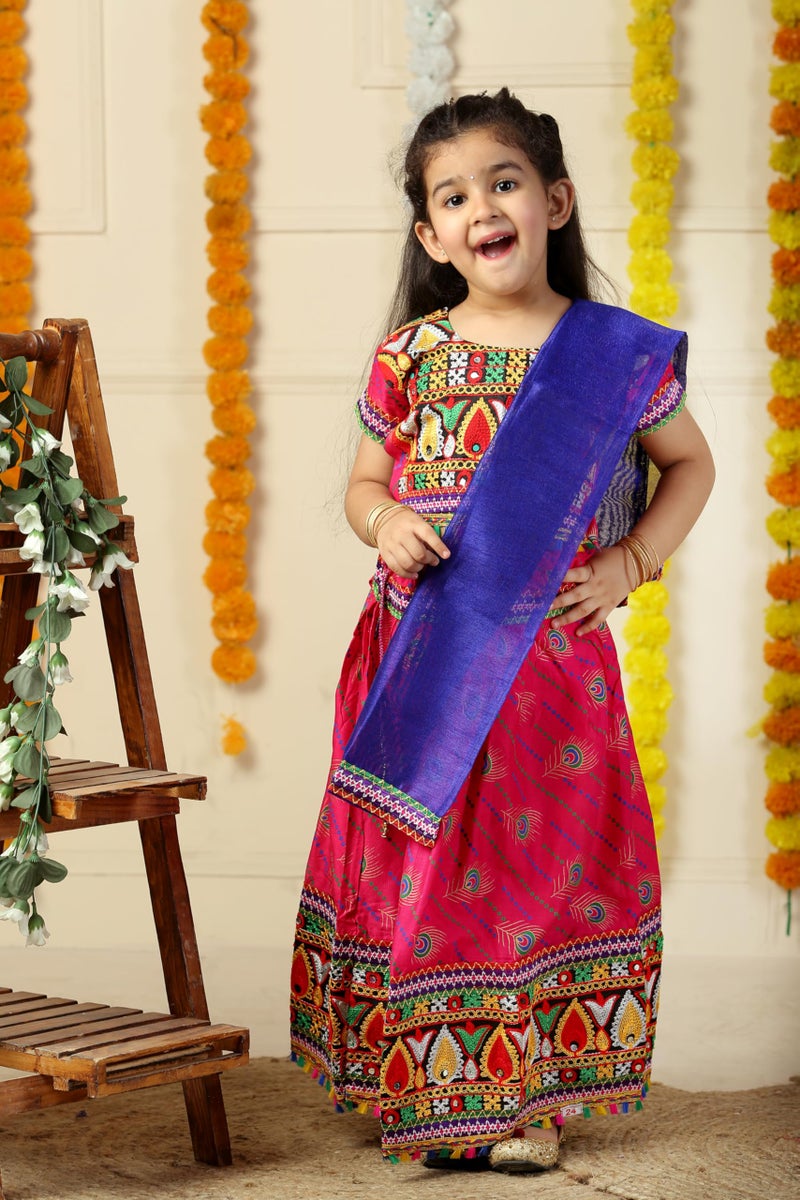 Ahhaaaa Kids Embroidered Traditional Ghoomar Lehenga Choli |Chania Choli||Navratri/Dandiya/Garba Dress With Dupatta For Girls (4-5 Years, Pink) | Material: Cotton Blend | Finish Type: Readymade - Image 2
