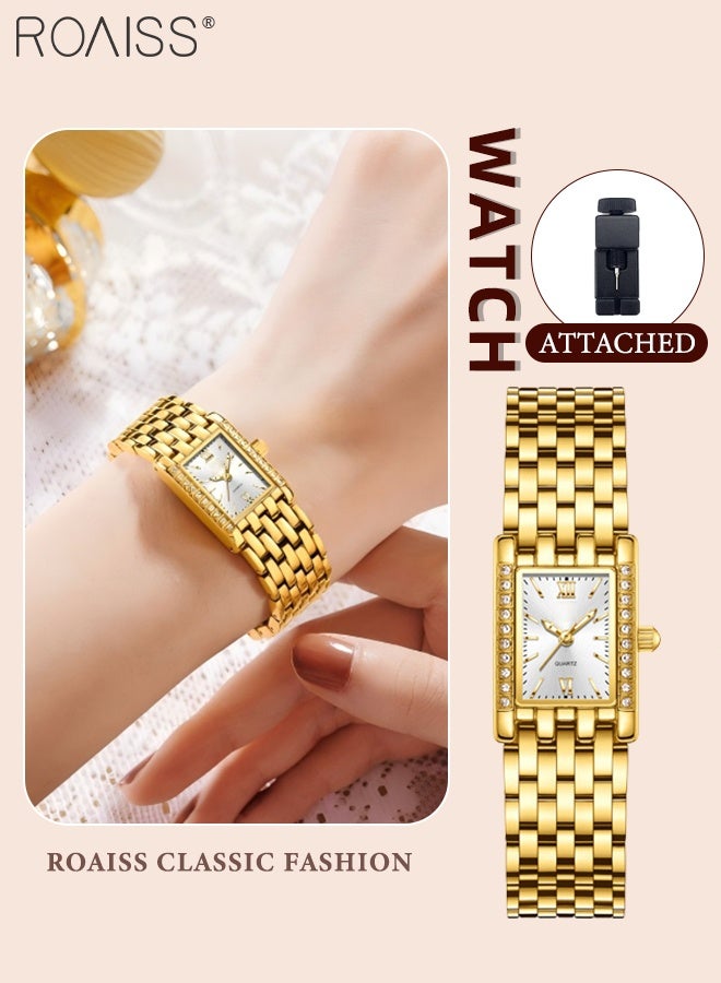 رويس ساعة كوارتز ذهبية بسيطة للنساء، شاشة عرض تناظرية، قرص مستطيل مزين بأحجار الراين، ساعة يد أنيقة رفيعة للغاية ومقاومة للماء، هدية للسيدات - Image 1