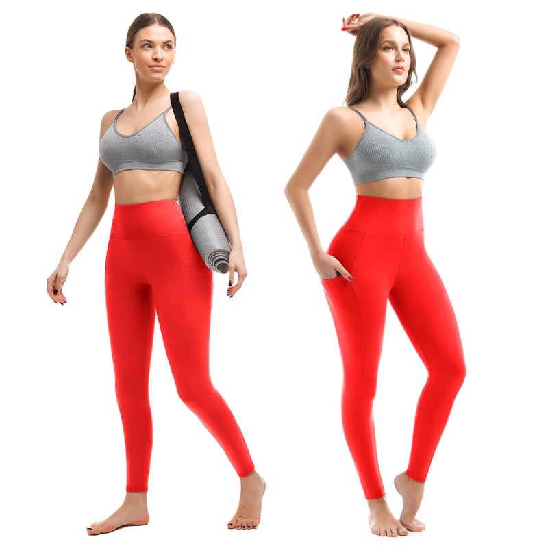 Walifrey Leggings with Pockets for Women, High Waisted Buttery Soft Womens Leggings for Gym Yoga Workout (Red LXL) - Image 2