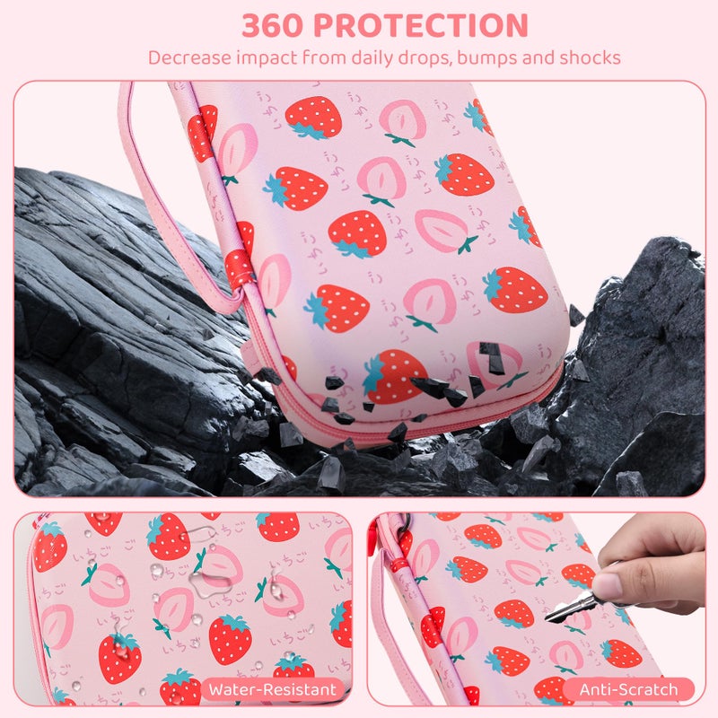 RHOTALL Pink Strawberry Carrying Case for Nintendo Switch 2,Cute Protective Hard Portable Travel Carry Case with 9 Game Card Slots,Shell Cover for Switch 2,Screen Protector,Shoulder Strap,2 Thumb Cap - Image 5