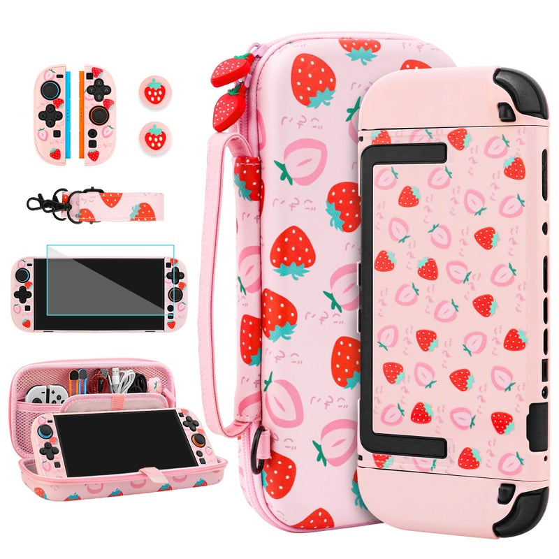 RHOTALL Pink Strawberry Carrying Case for Nintendo Switch 2,Cute Protective Hard Portable Travel Carry Case with 9 Game Card Slots,Shell Cover for Switch 2,Screen Protector,Shoulder Strap,2 Thumb Cap - Image 1