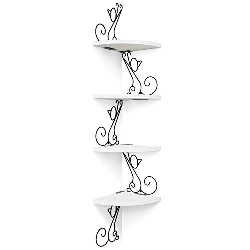 Alsonerbay Floating Corner Wood Shelves 4 Tier Wall Mounted Rustic Storage Shelf Cat Shaped Shelving for Wall Solid Wooden Decor for Living Room Bedroom Kitchen Bathroom Office White