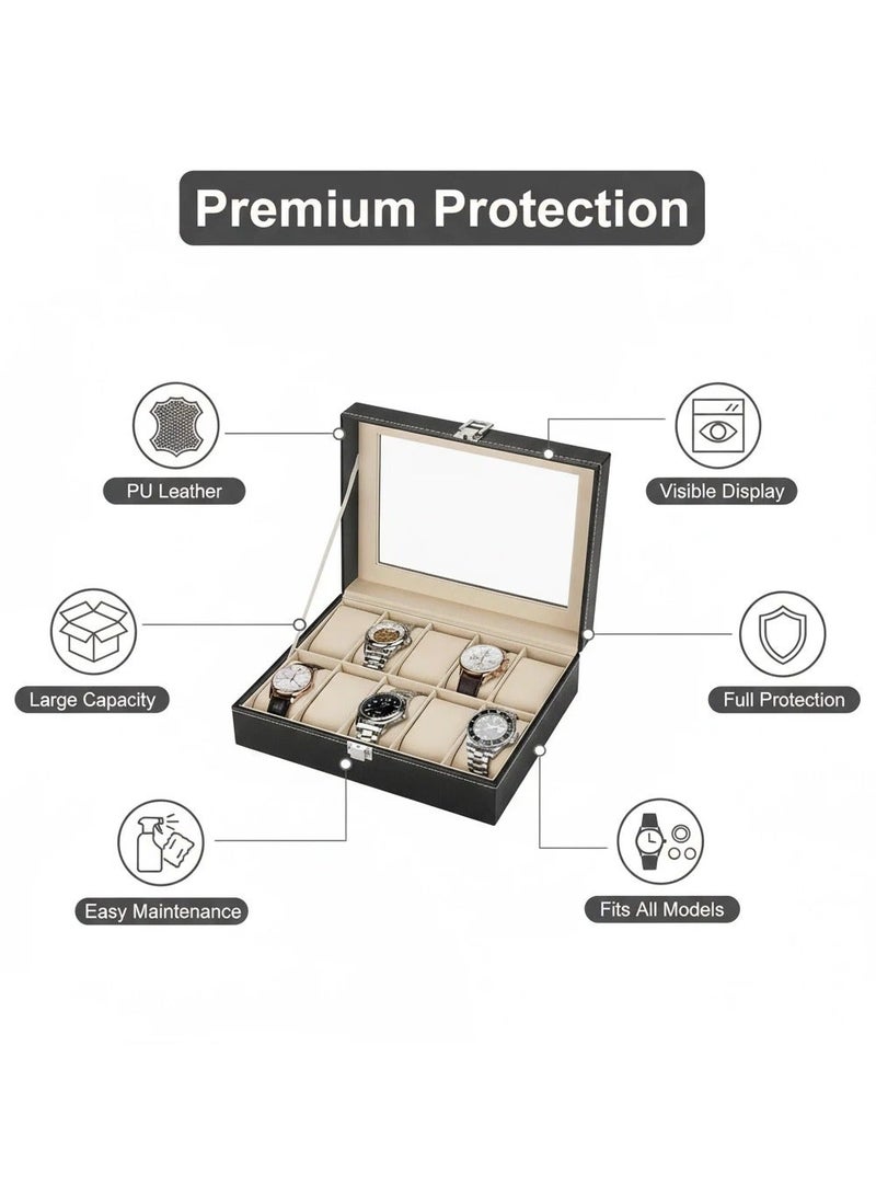 واي آند دي منظم صناديق الساعات للرجال والنساء - صندوق تخزين الساعات ذو 10 فتحات مع شاشة زجاجية علوية ووسائد قابلة للإزالة في كل فتحة - علب ساعات فاخرة للرجال مصنوعة من جلد البولي يوريثان - Image 3
