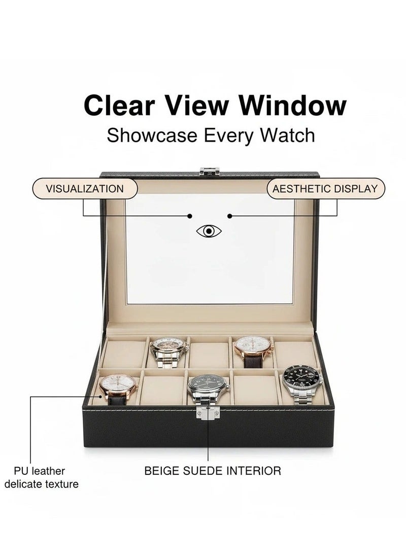 واي آند دي منظم صناديق الساعات للرجال والنساء - صندوق تخزين الساعات ذو 10 فتحات مع شاشة زجاجية علوية ووسائد قابلة للإزالة في كل فتحة - علب ساعات فاخرة للرجال مصنوعة من جلد البولي يوريثان - Image 4