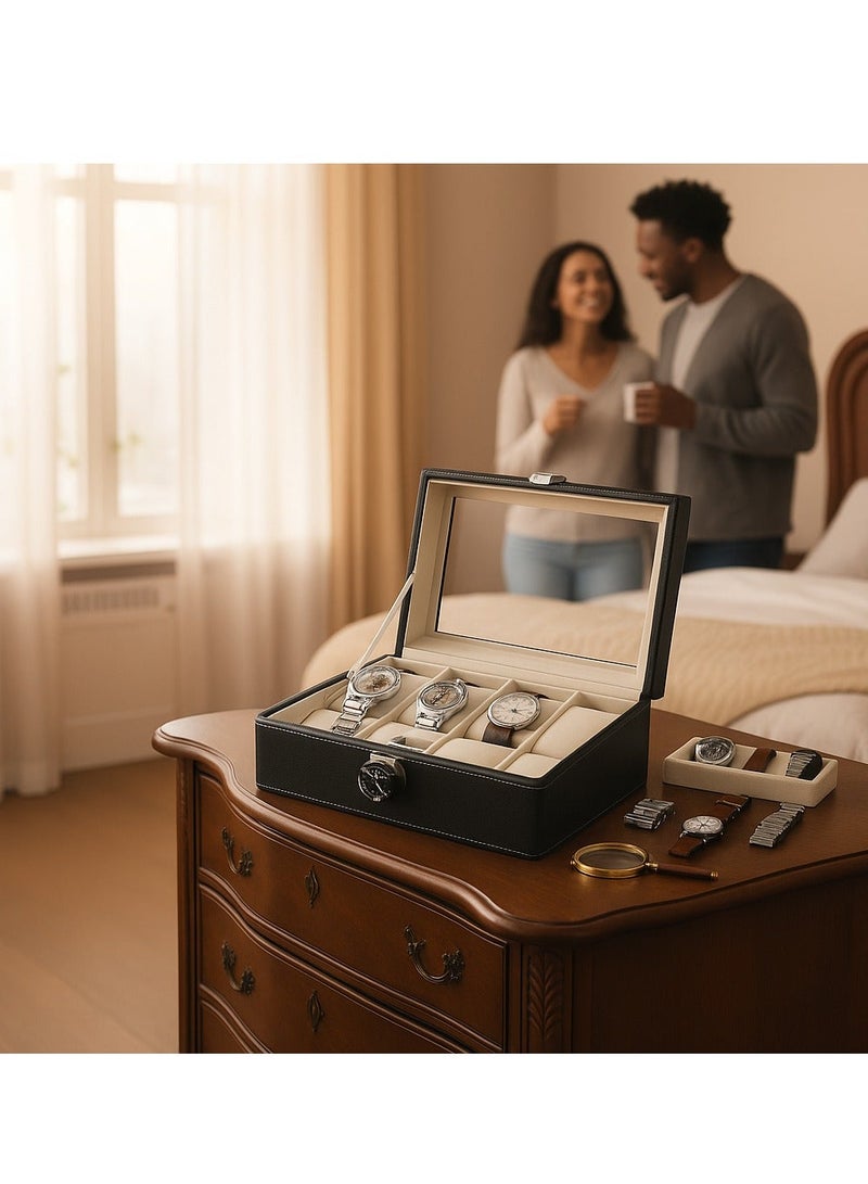 واي آند دي منظم صناديق الساعات للرجال والنساء - صندوق تخزين الساعات ذو 10 فتحات مع شاشة زجاجية علوية ووسائد قابلة للإزالة في كل فتحة - علب ساعات فاخرة للرجال مصنوعة من جلد البولي يوريثان - Image 1