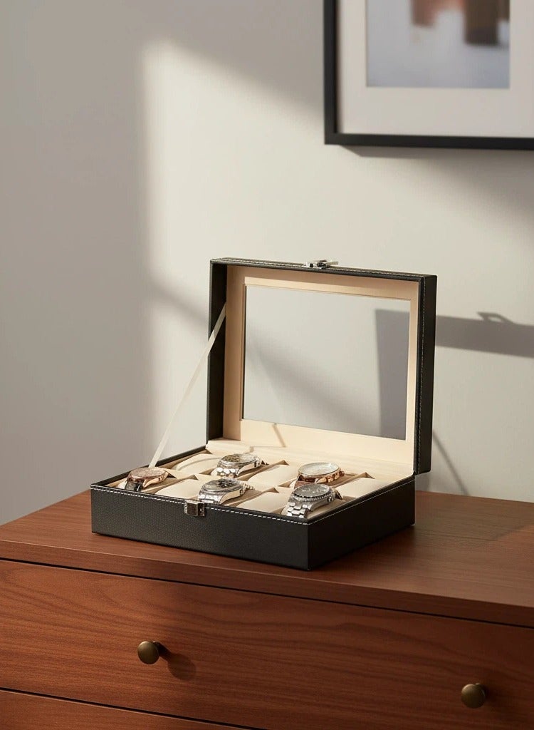 واي آند دي منظم صناديق الساعات للرجال والنساء - صندوق تخزين الساعات ذو 10 فتحات مع شاشة زجاجية علوية ووسائد قابلة للإزالة في كل فتحة - علب ساعات فاخرة للرجال مصنوعة من جلد البولي يوريثان - Image 5