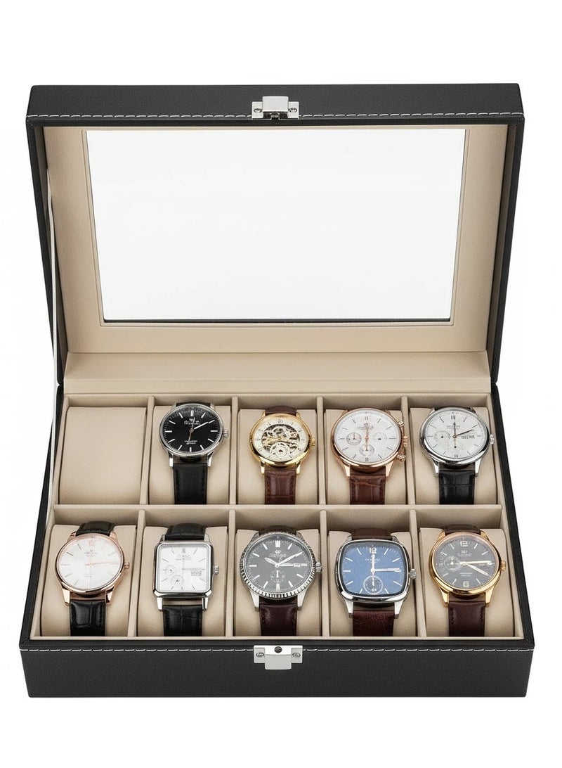 واي آند دي منظم صناديق الساعات للرجال والنساء - صندوق تخزين الساعات ذو 10 فتحات مع شاشة زجاجية علوية ووسائد قابلة للإزالة في كل فتحة - علب ساعات فاخرة للرجال مصنوعة من جلد البولي يوريثان - Image 2