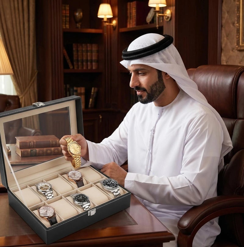 الأزرق جي دبليو منظم صناديق الساعات للرجال والنساء - صندوق تخزين الساعات ذو 10 فتحات مع شاشة زجاجية علوية ووسائد قابلة للإزالة في كل فتحة - علب ساعات فاخرة للرجال مصنوعة من جلد البولي يوريثان - Image 5