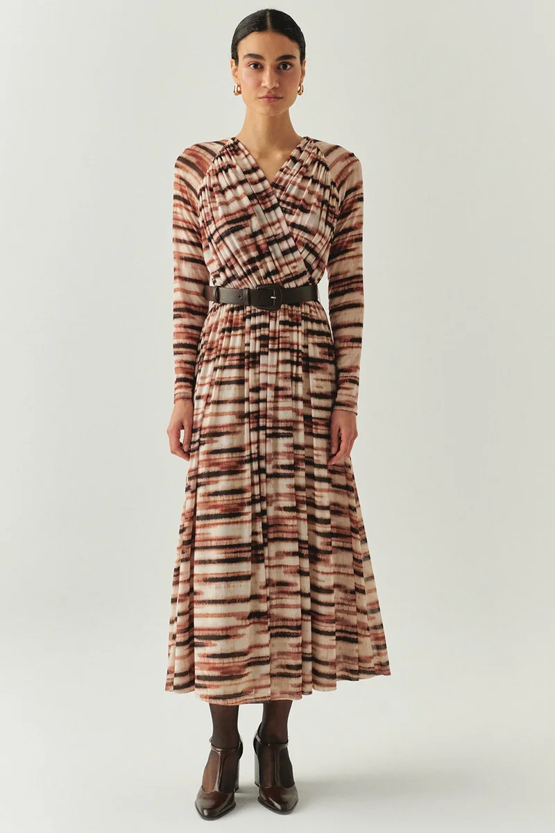 EXQUISE Patterned Belted Wrap Neckline Slim Fit Midi Lined Tulle Dress