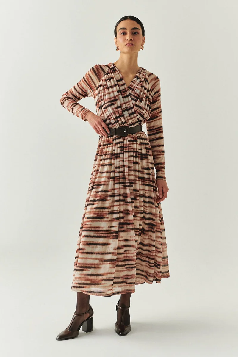 EXQUISE Patterned Belted Wrap Neckline Slim Fit Midi Lined Tulle Dress