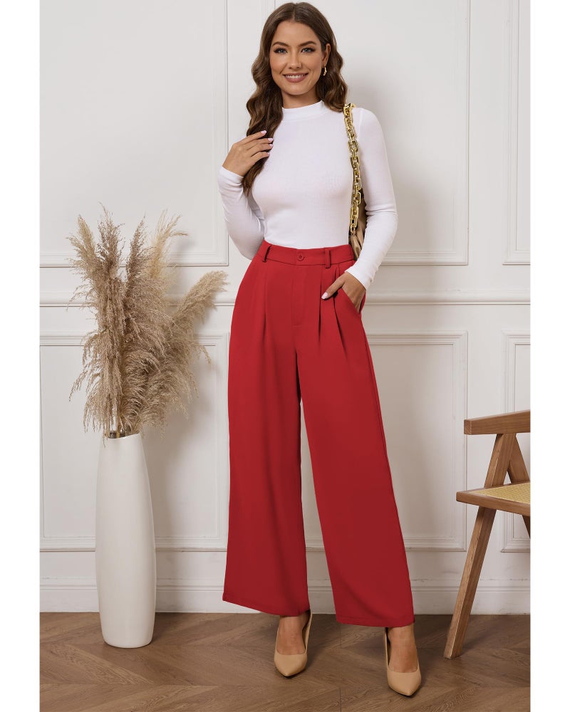 GRAPENT Work Pants Wide Leg Pants for Women Dressy Flowy Pants Women Pleated Trousers Slacks Red Pants Womens Business Casual Outfits Old Money Color Petite True Red Size Large Size 12 Size 14 - Image 4