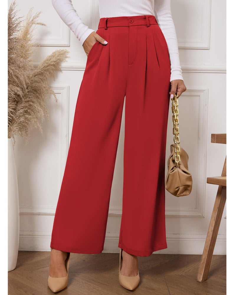GRAPENT Work Pants Wide Leg Pants for Women Dressy Flowy Pants Women Pleated Trousers Slacks Red Pants Womens Business Casual Outfits Old Money Color Petite True Red Size Large Size 12 Size 14 - Image 3