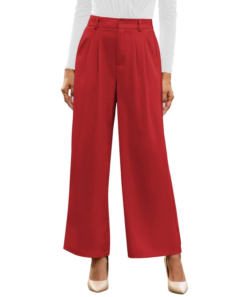 GRAPENT Work Pants Wide Leg Pants for Women Dressy Flowy Pants Women Pleated Trousers Slacks Red Pants Womens Business Casual Outfits Old Money Color Petite True Red Size Large Size 12 Size 14 - Image 1