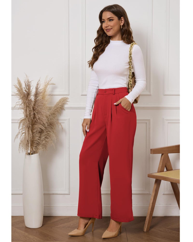 GRAPENT Work Pants Wide Leg Pants for Women Dressy Flowy Pants Women Pleated Trousers Slacks Red Pants Womens Business Casual Outfits Old Money Color Petite True Red Size Large Size 12 Size 14 - Image 5