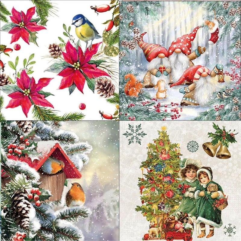 DCAD Decoupage Paper Napkin Tissue Christmas PrintsGnomesFloralsRobin Snow and Santa total 16 Decoupage Tissues 4 Napkins of Each Design 16 pc Total - Image 1