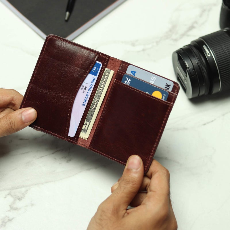 FOXHACKLE Leather Credit Card Holder Wallet for Men and Women, Thin Bifold RFID Blocking Wallet, Slim Front Pocket Minimalist Wallet, Small Card Case,Cherry Color - Image 2