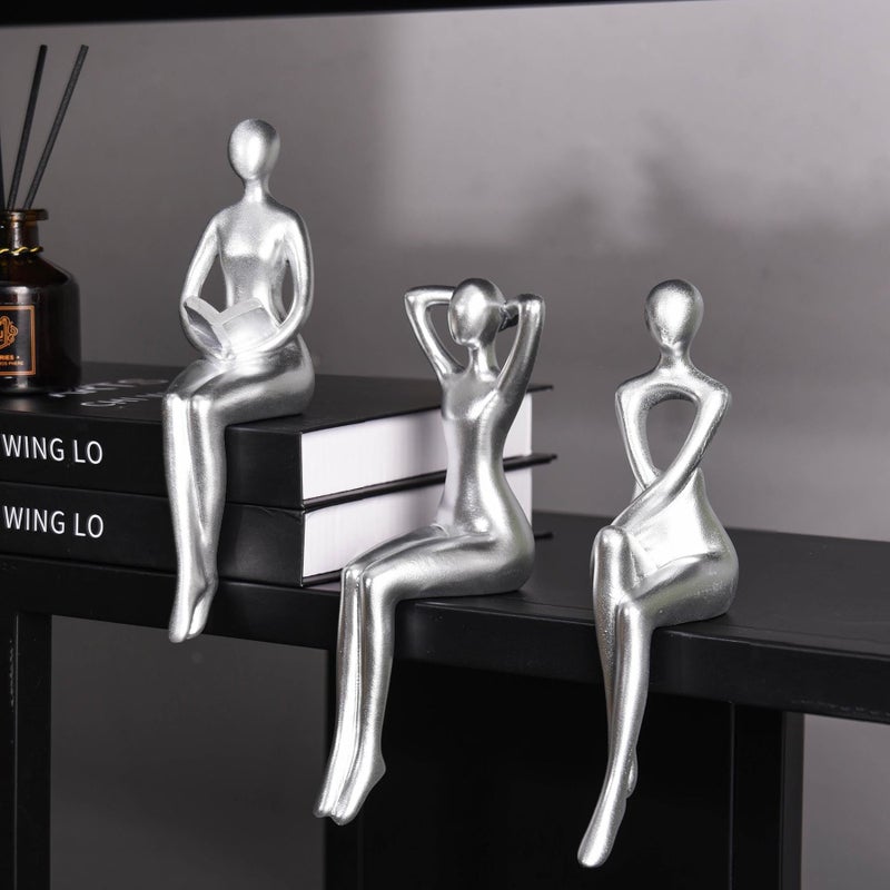 Quoowiit Thinker Statue Office Desk Decor, Silver Art Sculpture Ornament Coffee Table Bookshelf Decor Modern Home Unique Home Decorations for Living Room 3 Piece - Image 3
