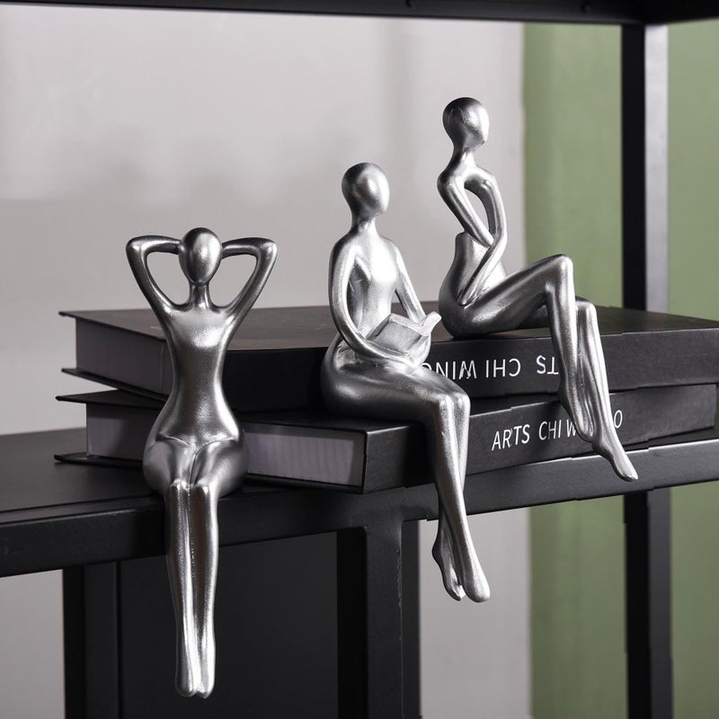 Quoowiit Thinker Statue Office Desk Decor, Silver Art Sculpture Ornament Coffee Table Bookshelf Decor Modern Home Unique Home Decorations for Living Room 3 Piece - Image 1