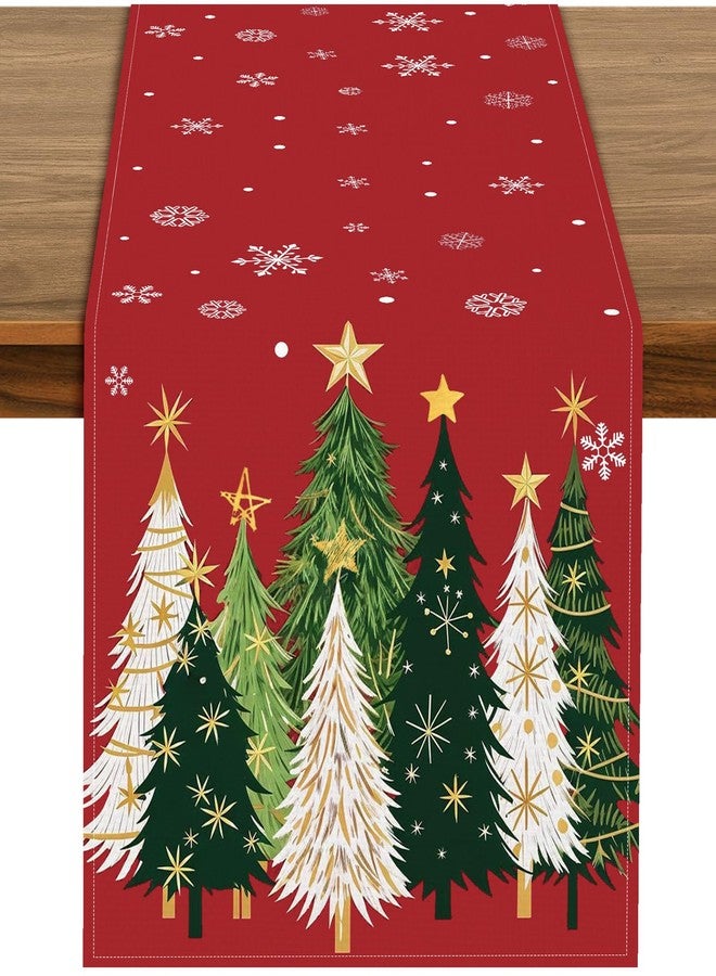 Kreyfer 72 x 13 Inch Christmas Table Runner – Red Holiday Table Decor with Green and White Christmas Trees and Snowflakes Pattern for Kitchen, Dining Room, and Winter Party Supplies - Image 1