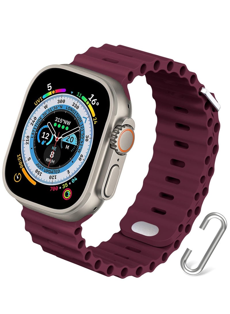 Ocean Band Compatible with Apple Watch Band 49mm 45mm 44mm 42mm Women Men Breathable Waterproof soft Silicone Sport Strap for Watch Apple Watch Ultra SE Series 8 7 6 5 4 _Wine Red  - Image 1